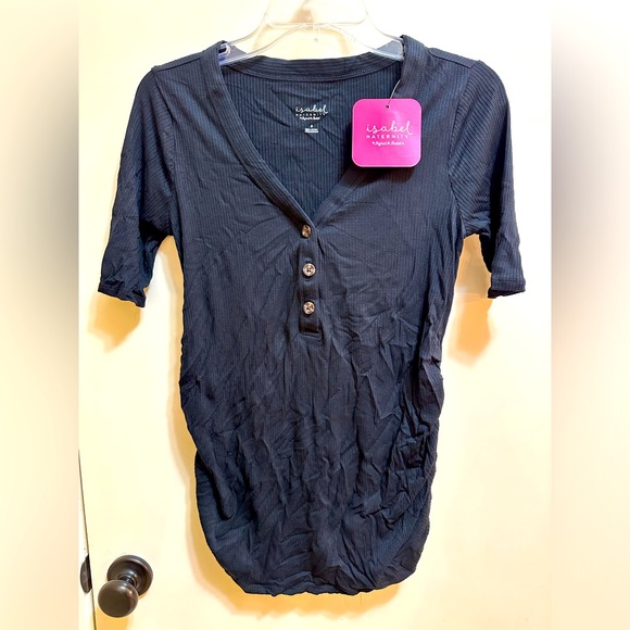 NWT Black Ingrid & Isabel Elbow Sleeve V-Neck Henley Maternity Top in Size S - Picture 2 of 3